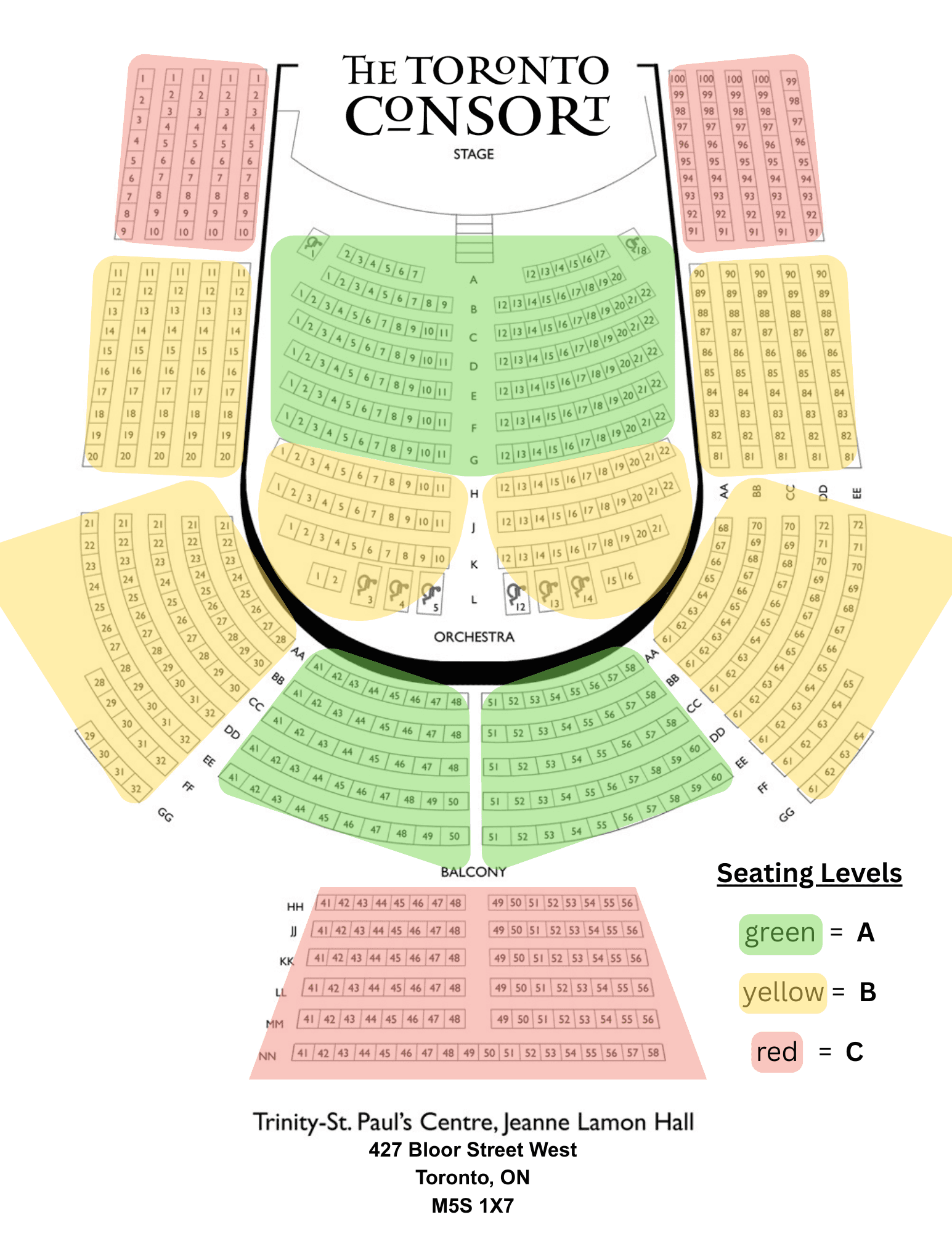Seating chart for Trinity‑St. Paul's Centre showing pricing zones A (green), B (yellow), C (red)