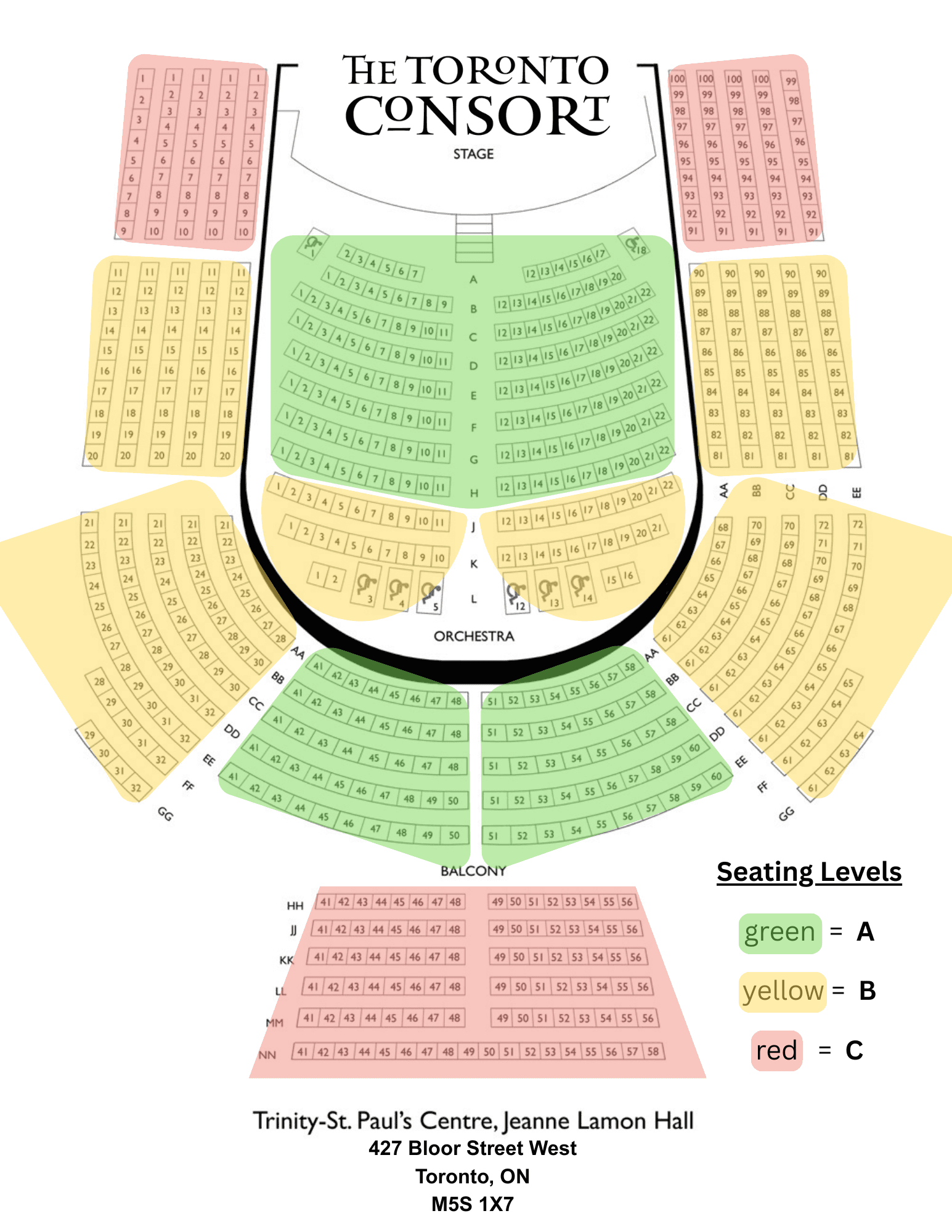 Seating chart for Trinity‑St. Paul's Centre showing pricing zones A (green), B (yellow), C (red)