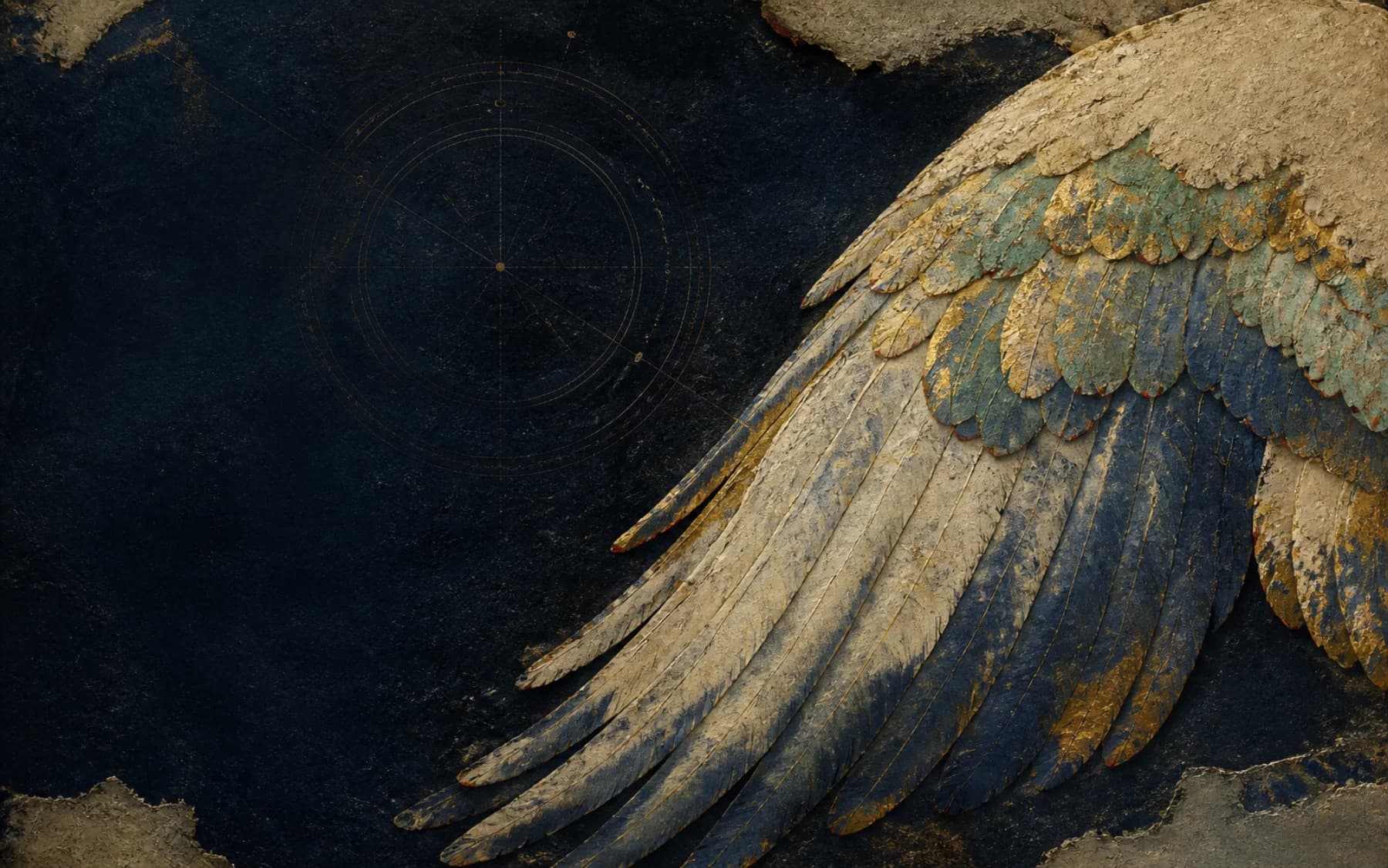 A fresco-like angel wing in lapis, verdigris, and worn gold